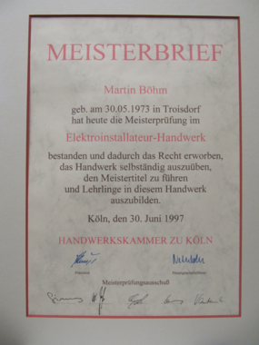 Böhm Elektrobau u. E-Mobility Meisterbrief Martin Böhm